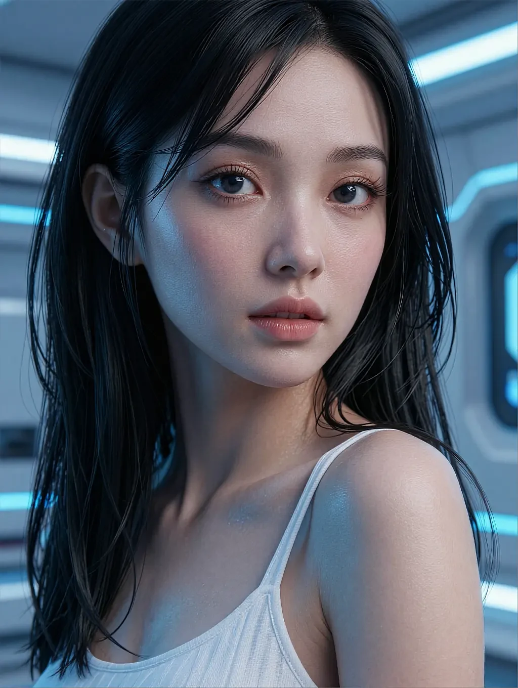 Fictional AI character featured on the second landing page, in daylight